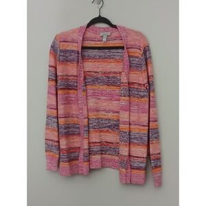 Denim & Co Sweater Women's Size Large Pink Marled Stripe Open Front Cardigan